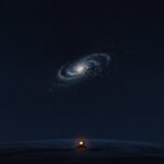 Osamelý počítačový terminál s jantárovou obrazovkou pod rozpadajúcou sa špirálovou galaxiou